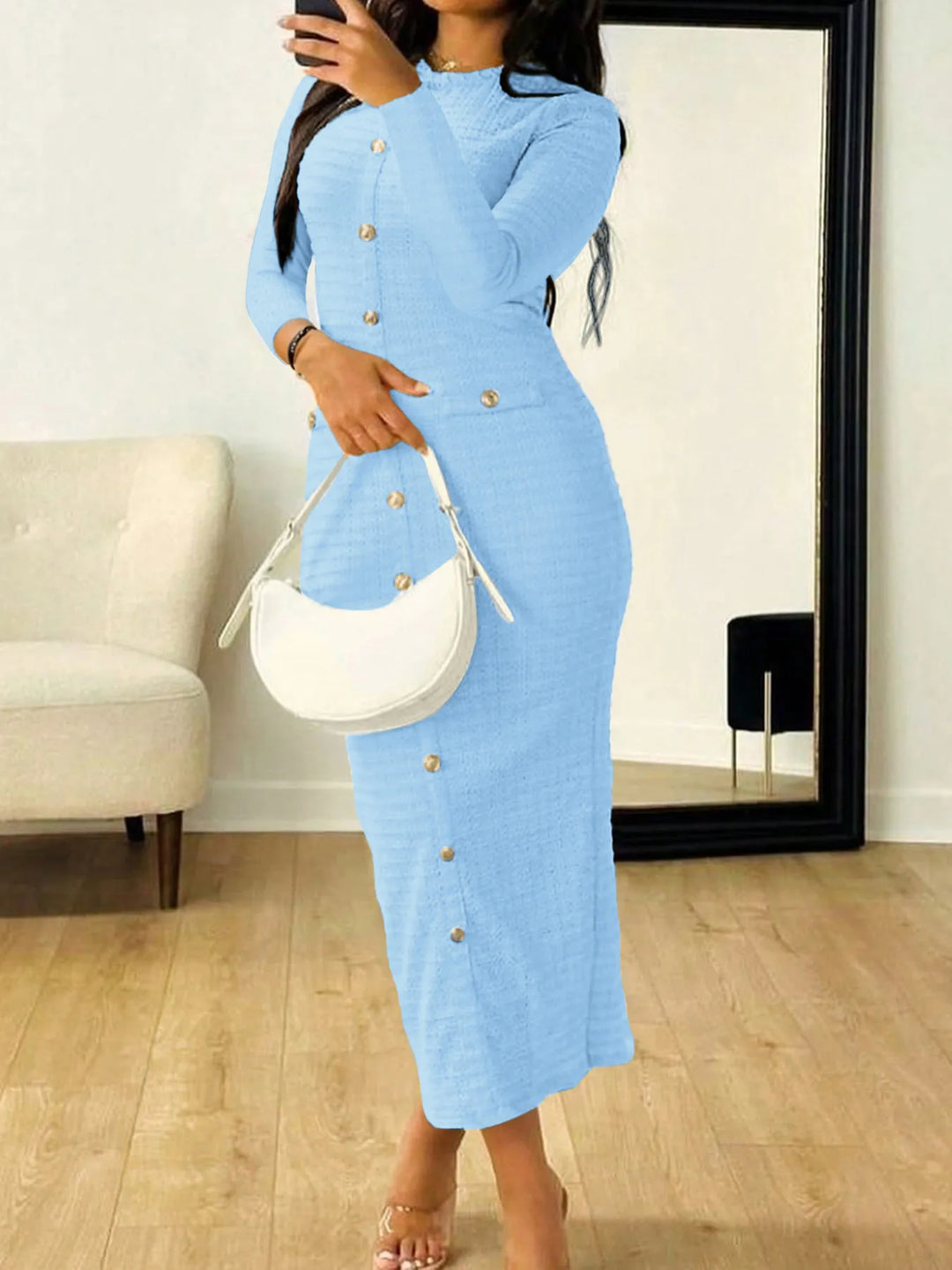 Textured knit button-front long sleeve midi dress