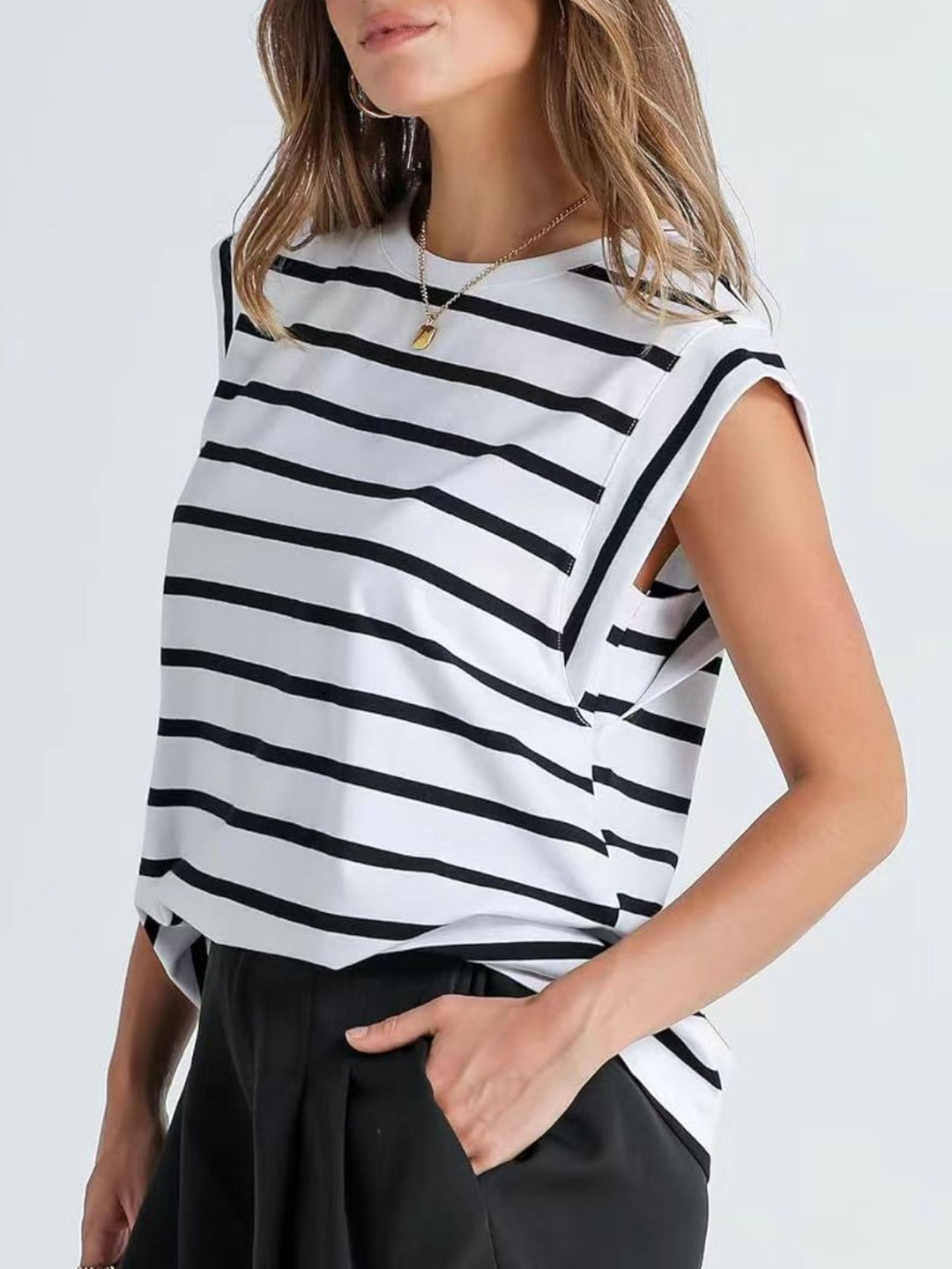 Striped cap-sleeve crew neck muscle tank top