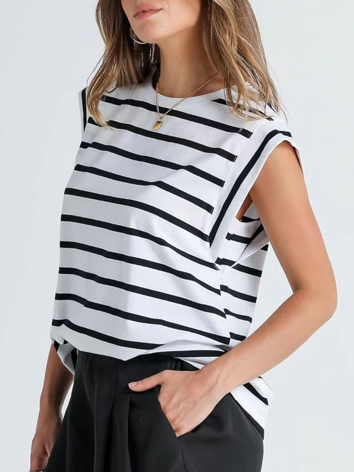 Striped cap-sleeve crew neck muscle tank top