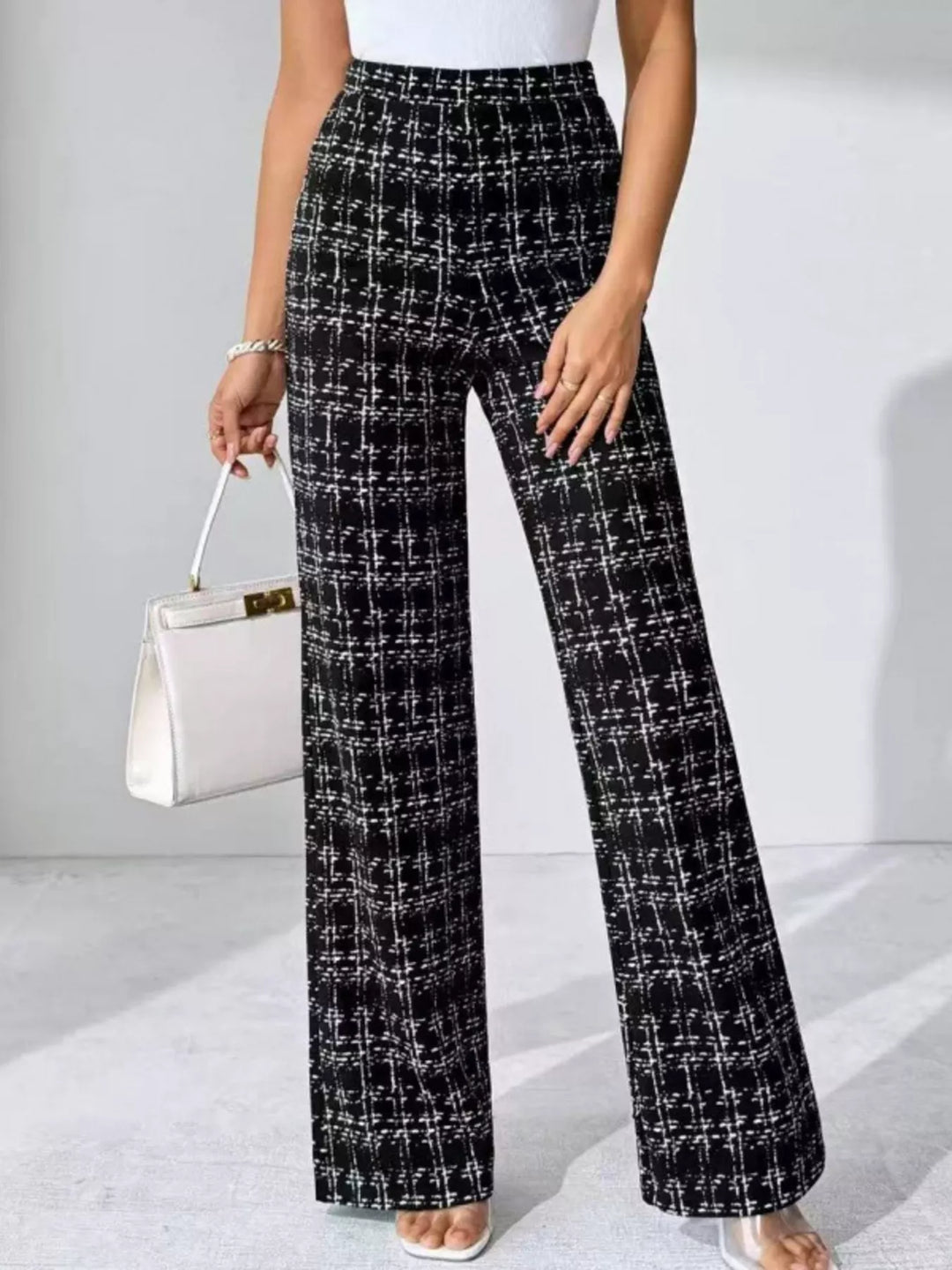 Black Plaid print wide-leg high-rise pants