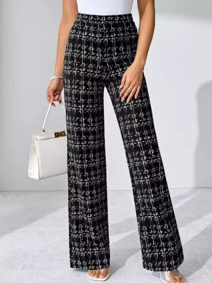 Black Plaid print wide-leg high-rise pants