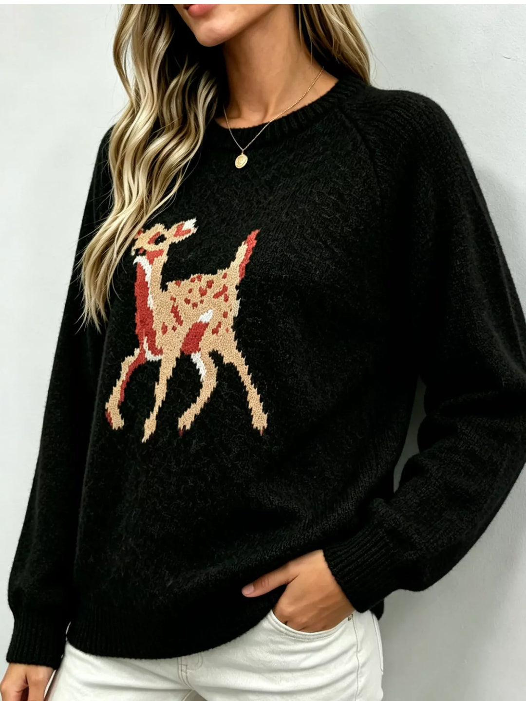 Black Deer knit raglan sleeve pullover sweater with ribbed trim