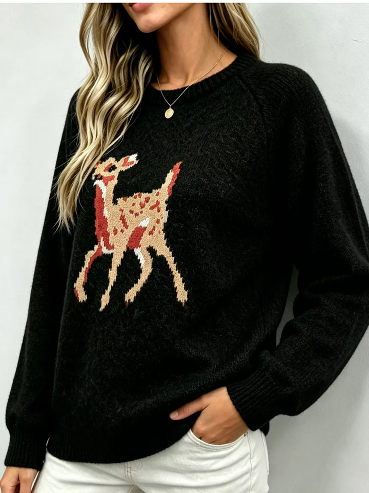 Black Deer knit raglan sleeve pullover sweater with ribbed trim