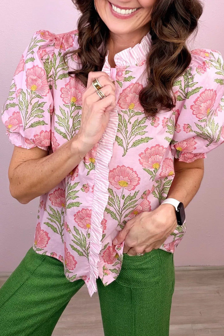 Blush Pink Floral puff sleeve button-front blouse with ruffle trim