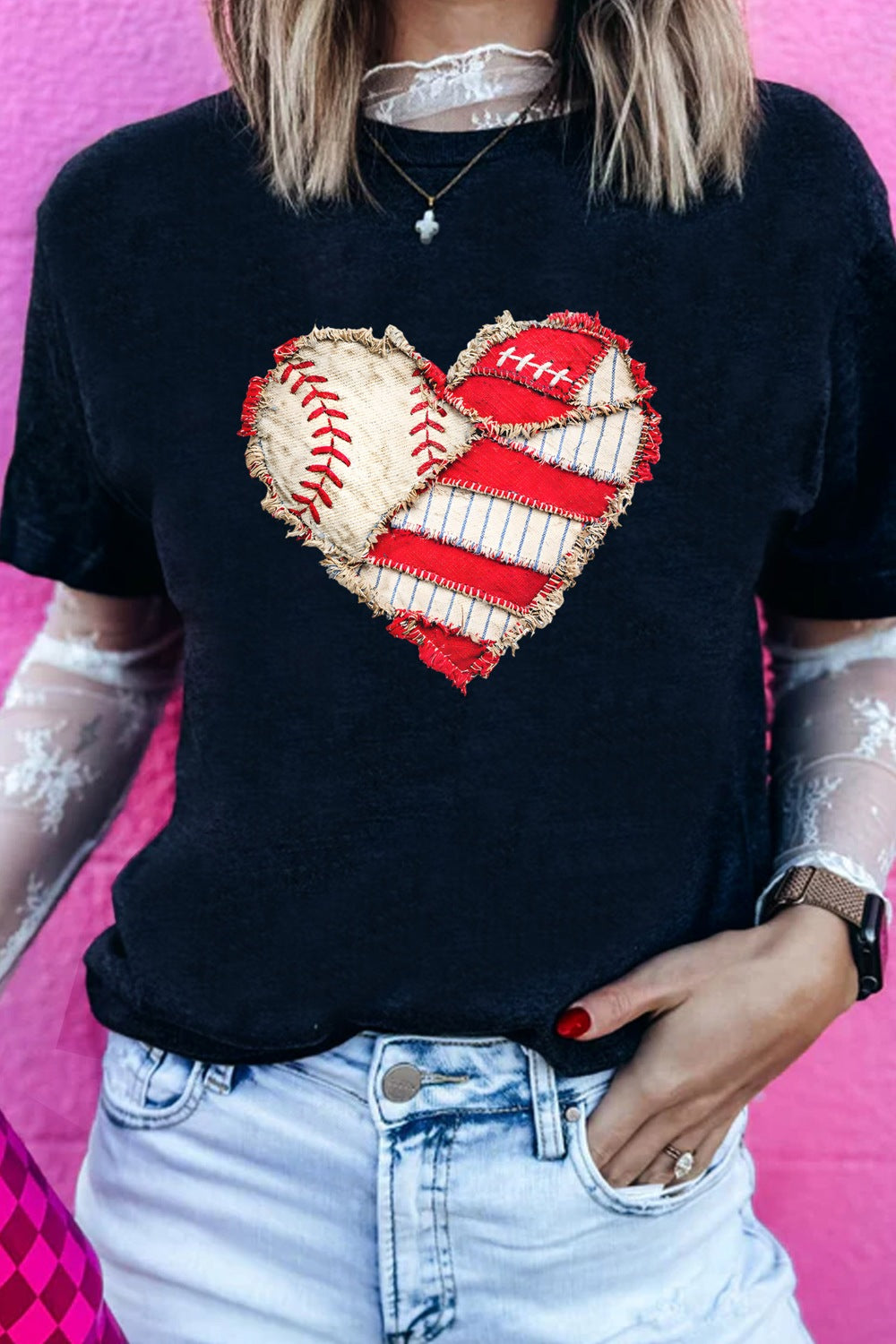 Distressed baseball heart graphic short sleeve tee
