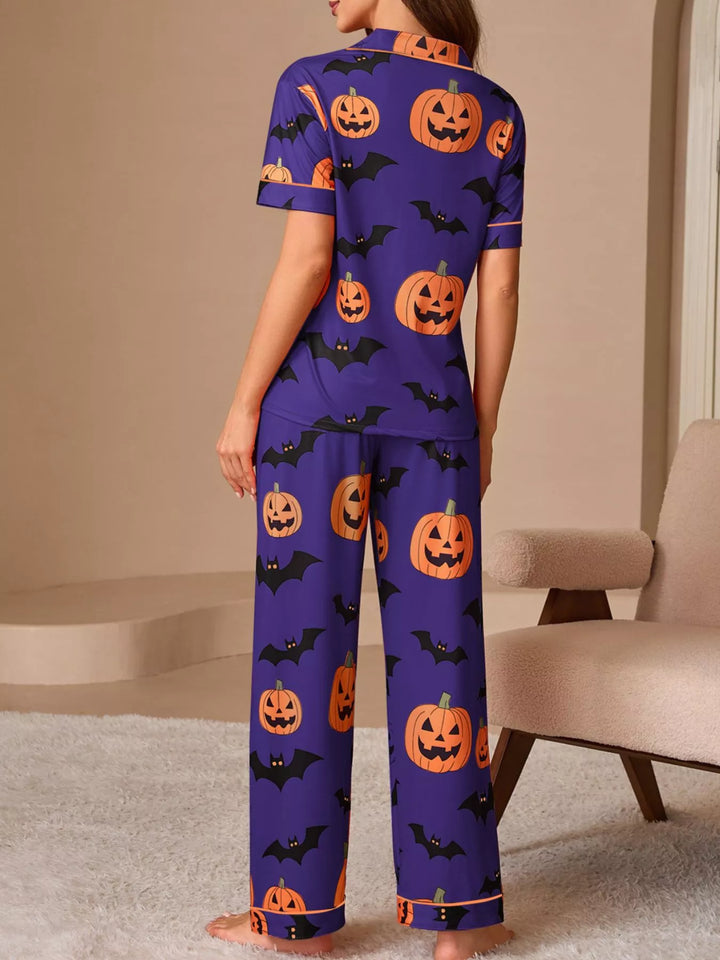 Pumpkin and bat print short sleeve pajama set with piped trim