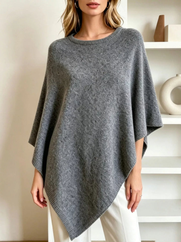 Gray Asymmetrical hem textured knit poncho with ribbed crew neck