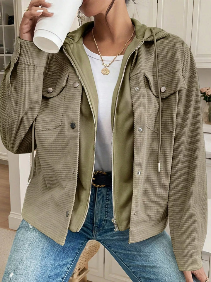 Waffle knit hooded jacket with snap front and flap pockets