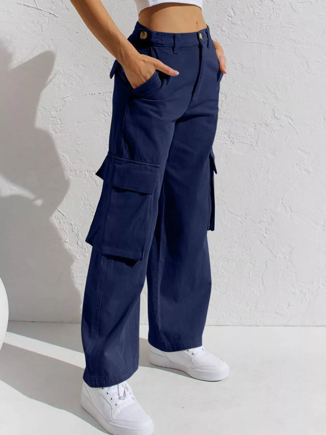 Blue High-rise wide-leg cargo jeans with flap pockets