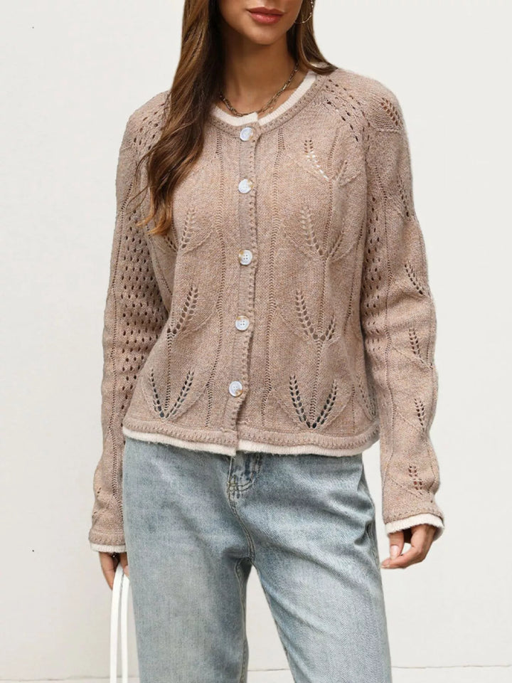 Pointelle openwork knit button-down cardigan