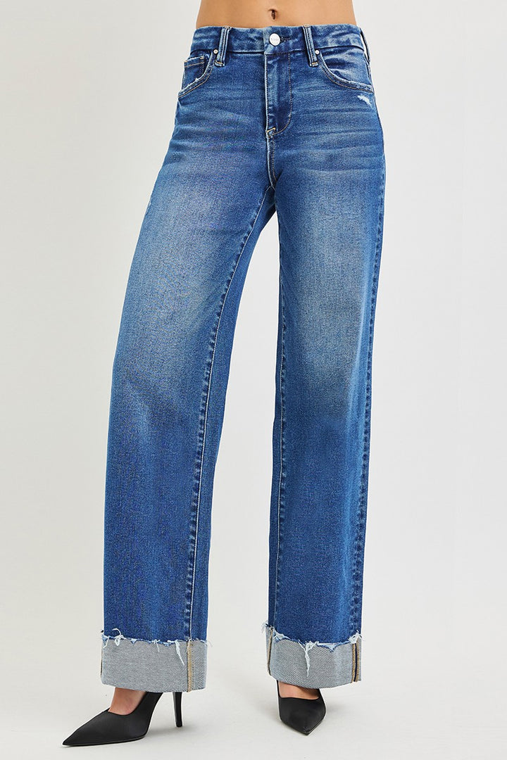 High rise wide leg jeans with raw cuffed hem