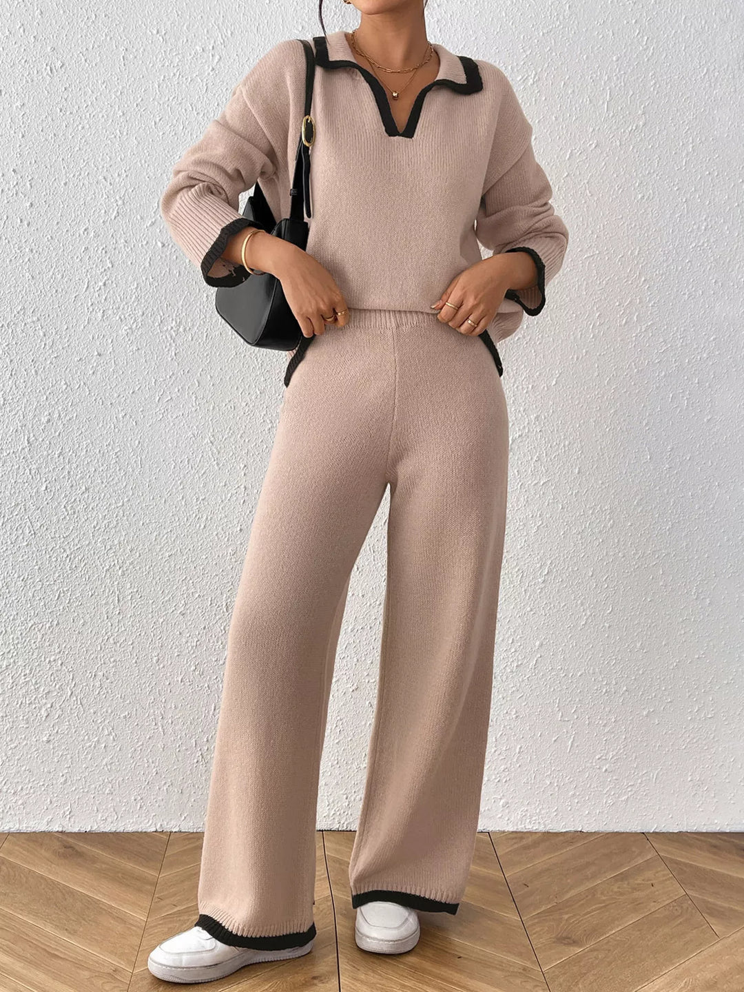 Contrast trim polo collar sweater and wide leg pants set