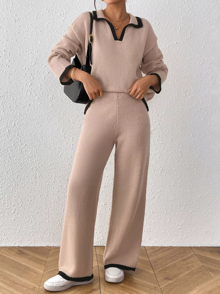 Contrast trim polo collar sweater and wide leg pants set