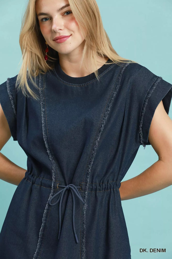 Frayed seam drawstring waist denim mini dress with cap sleeves