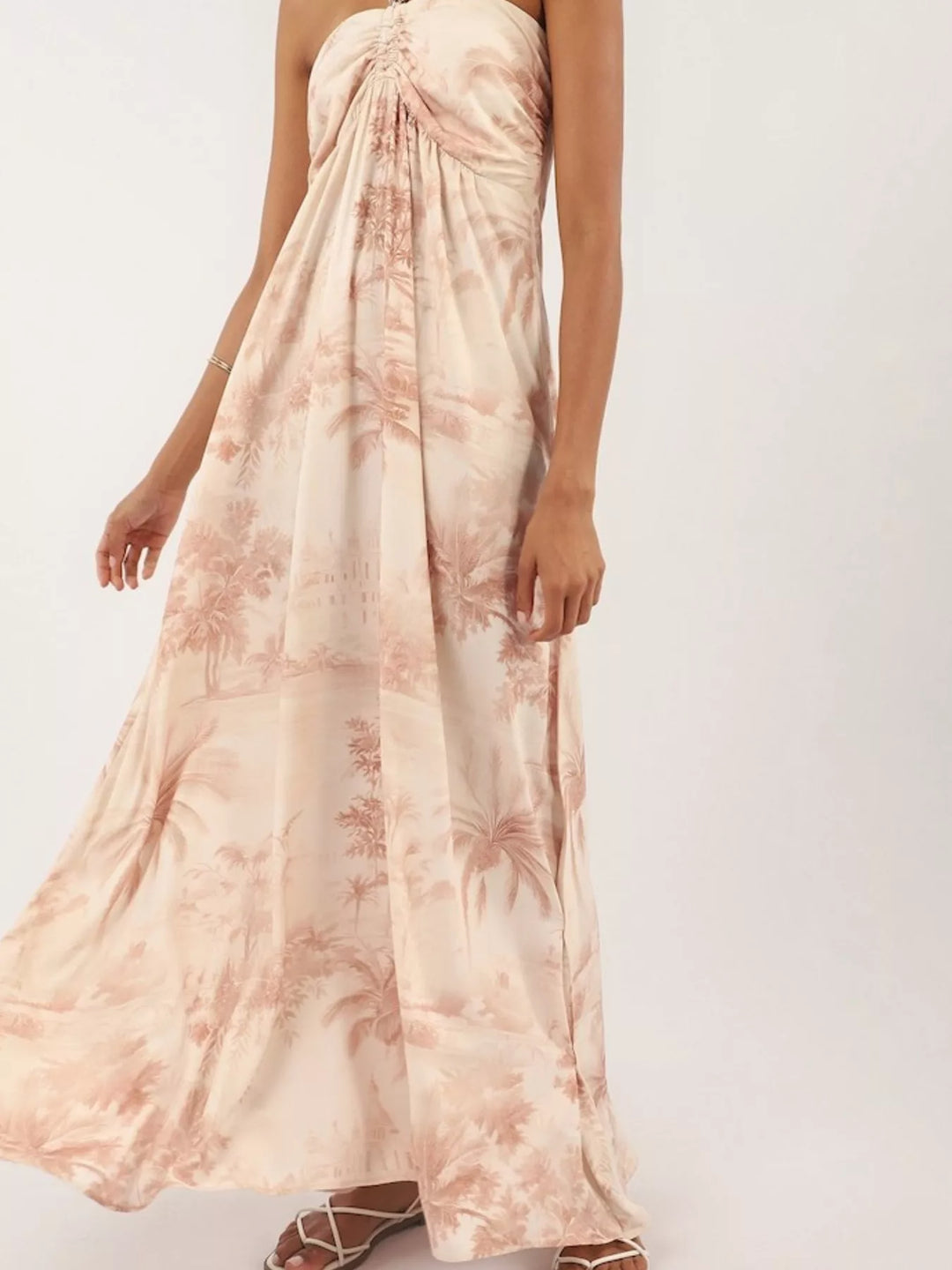 Tropical palm print halter neck maxi dress