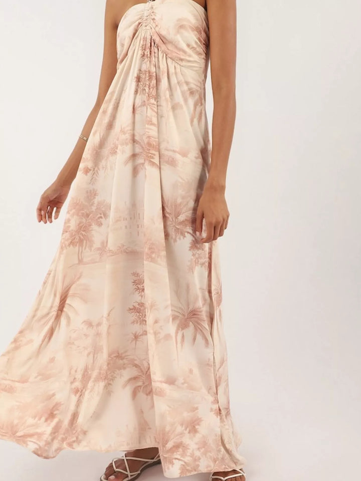 Tropical palm print halter neck maxi dress