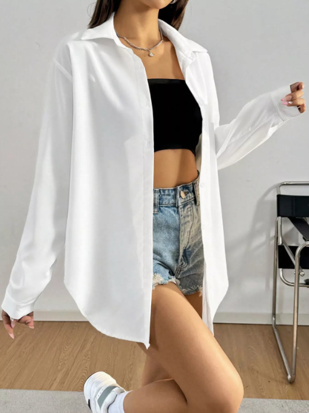 Oversized button-front long sleeve shirt with collar