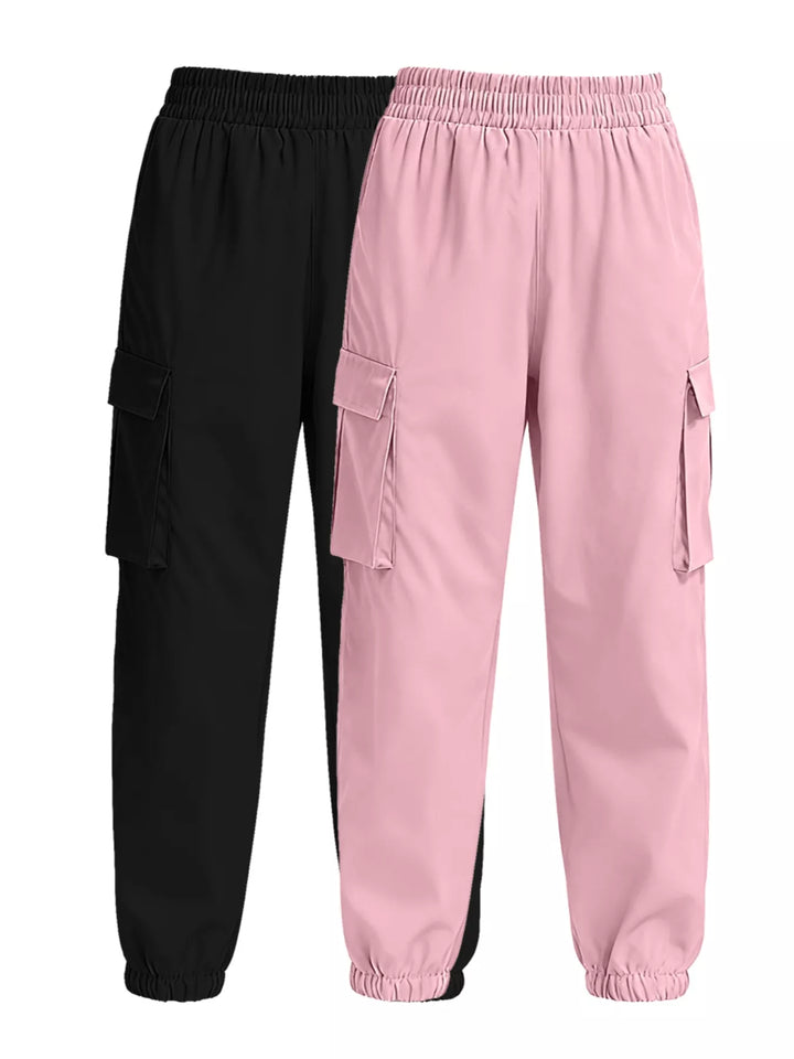 Elastic waist cargo jogger pants with flap pockets, 2-piece set