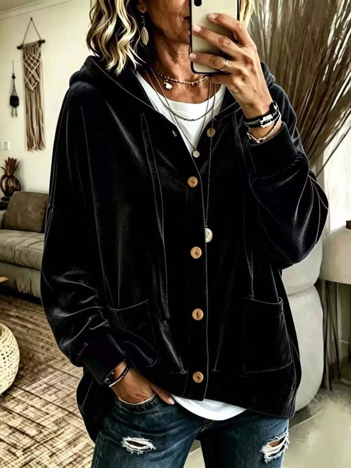 Black Oversized hooded button-up jacket with patch pockets