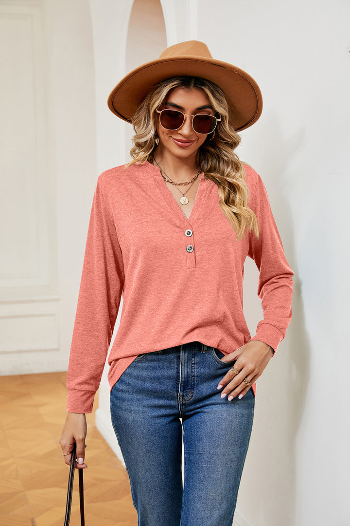 Coral Notch neck long sleeve top with button placket