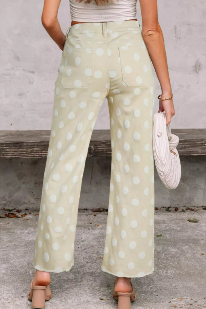 Polka dot high-rise wide-leg jeans with raw hem
