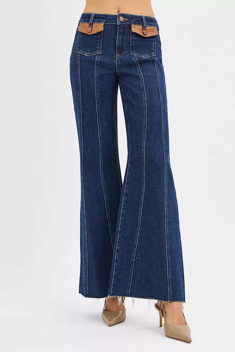 High-rise wide flare jeans with leather pocket flaps