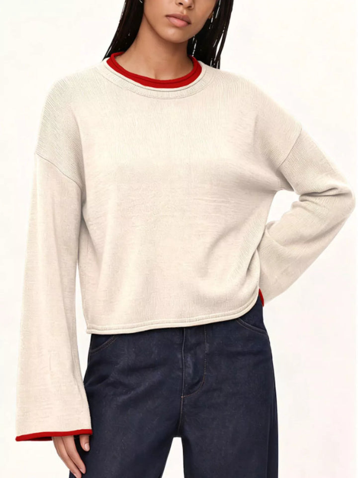 Drop shoulder crew neck sweater with contrast trim
