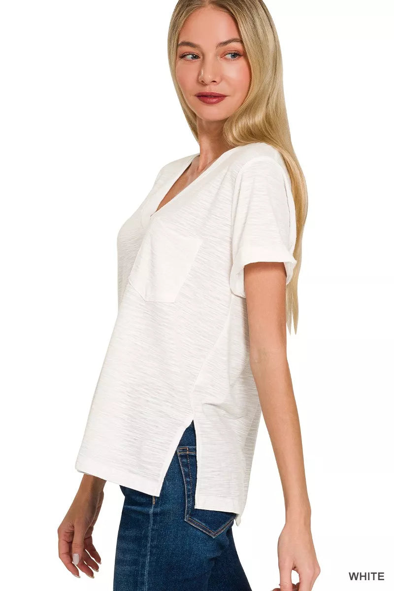Slub knit V-neck tee with rolled sleeves and chest pocket