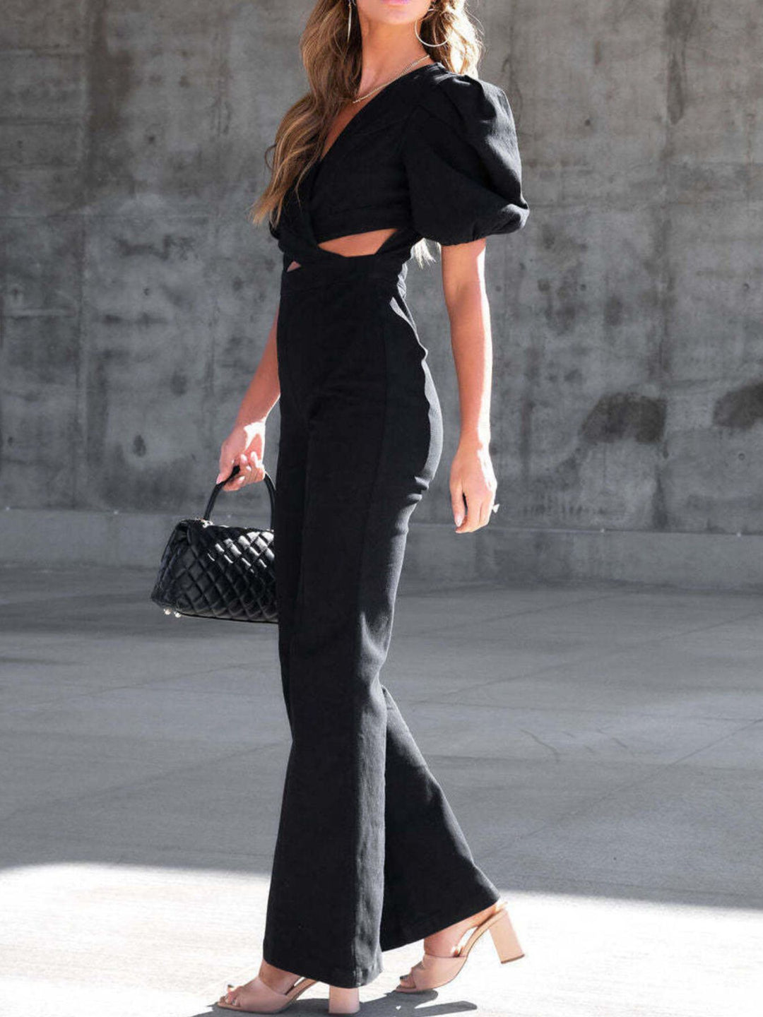 Cutout puff sleeve denim flare jumpsuit with wrap V-neck