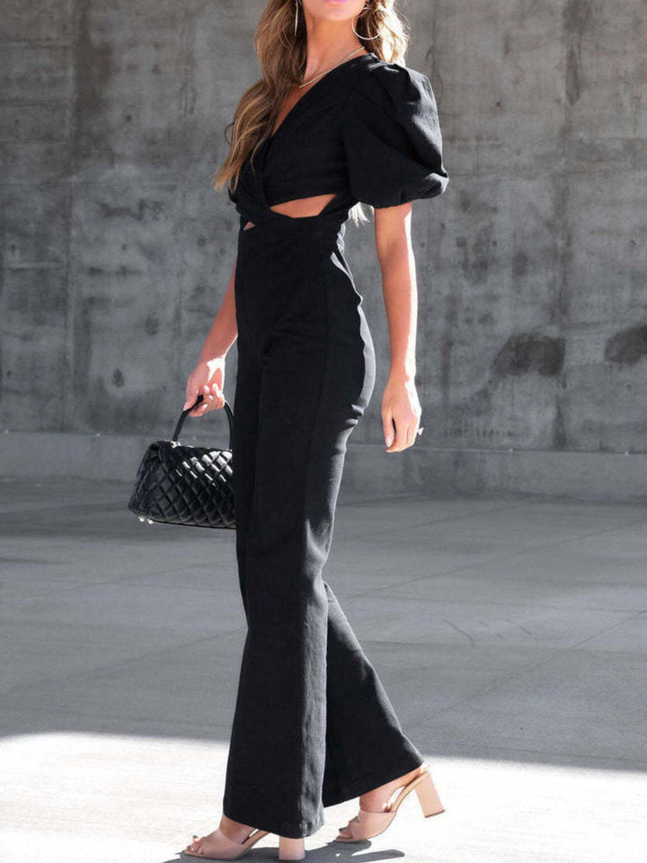 Cutout puff sleeve denim flare jumpsuit with wrap V-neck