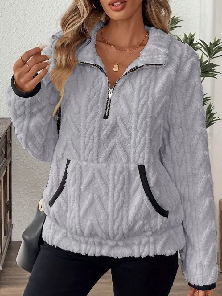 Textured fleece half-zip pullover with kangaroo pocket