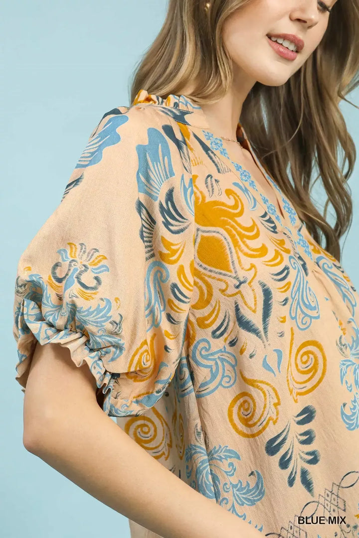 Border print puff sleeve v-neck blouse with embroidered placket