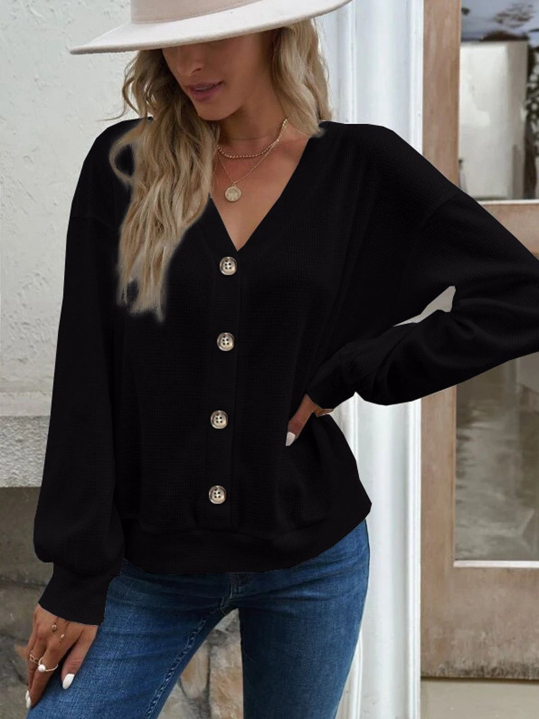 Black Waffle-knit V-neck button-front top with dropped shoulders