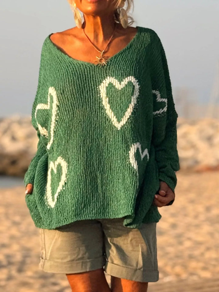 Heart motif V-neck dropped-shoulder knit sweater