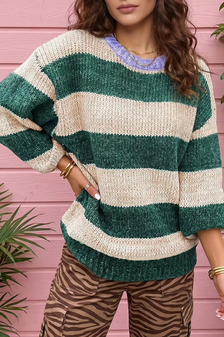 Wide stripe colorblock drop shoulder pullover sweater