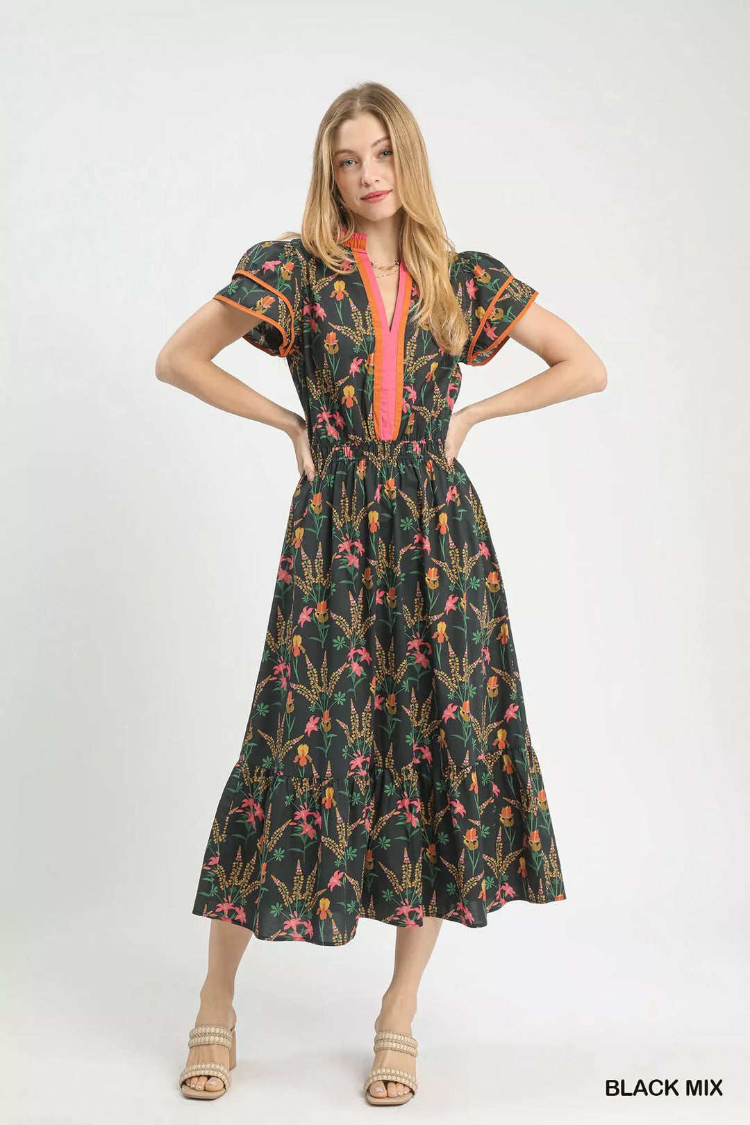 Mixed floral tiered midi dress with flutter sleeves