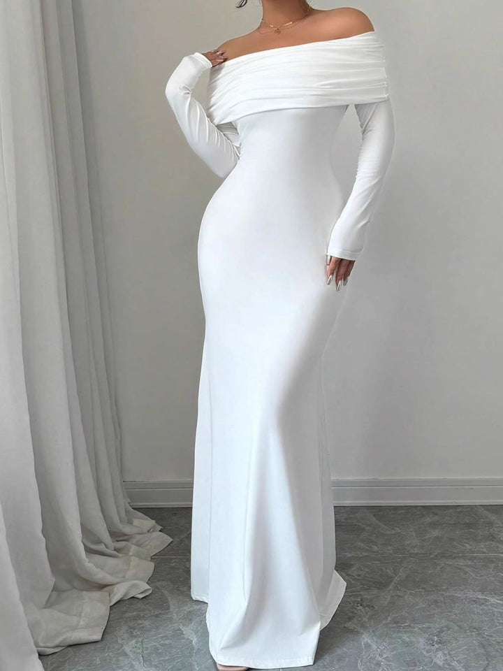 White Foldover off-shoulder long sleeve bodycon maxi dress