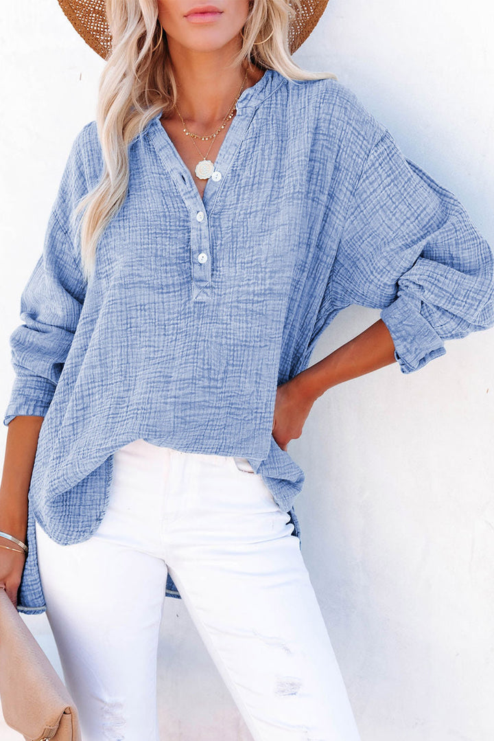 Misty  Blue Textured cotton blouse with half-button placket and long sleeves