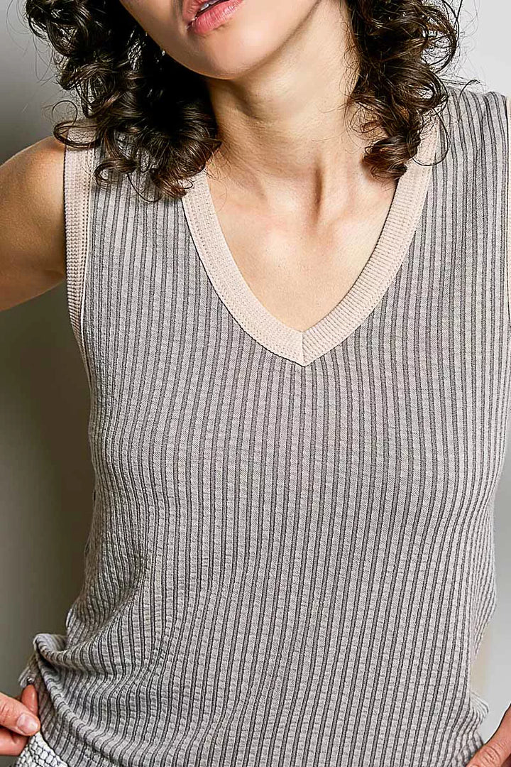 V-neck ribbed sleeveless tank with contrast trim