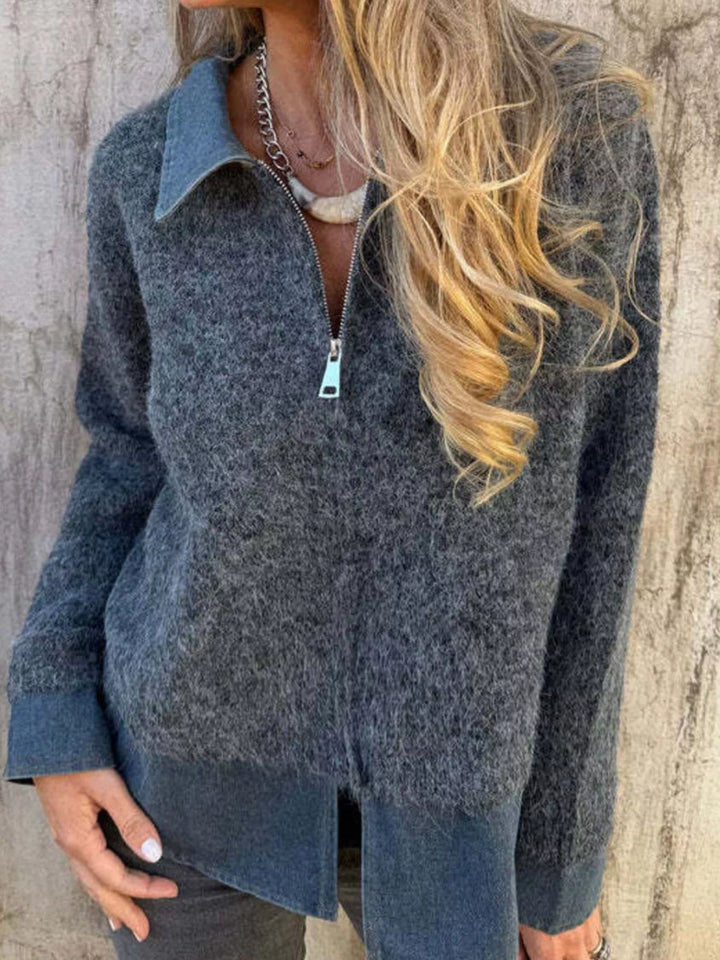 Dark Gray Denim collar half-zip knit sweater with layered hem