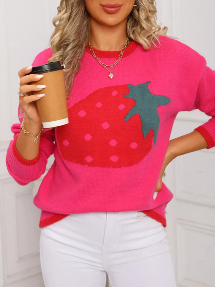 Rose Red Strawberry graphic crew neck knit sweater