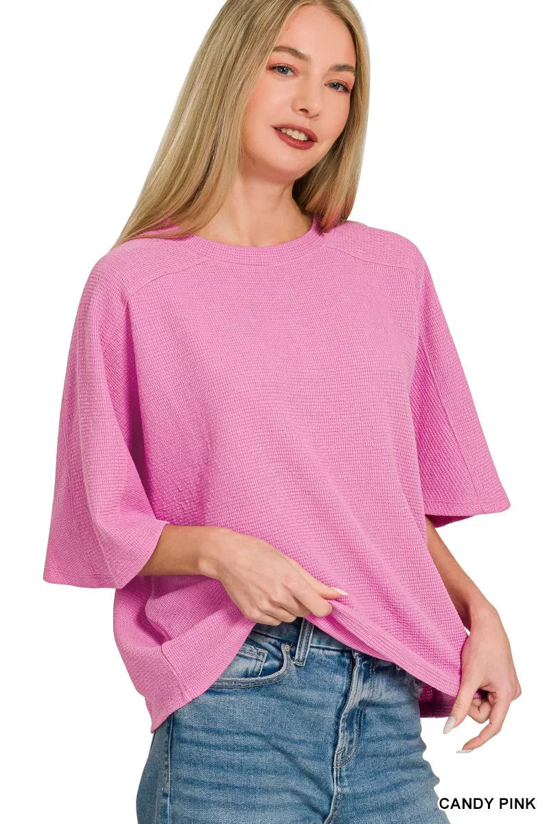 CANDY PINK Waffle knit drop-shoulder short sleeve top
