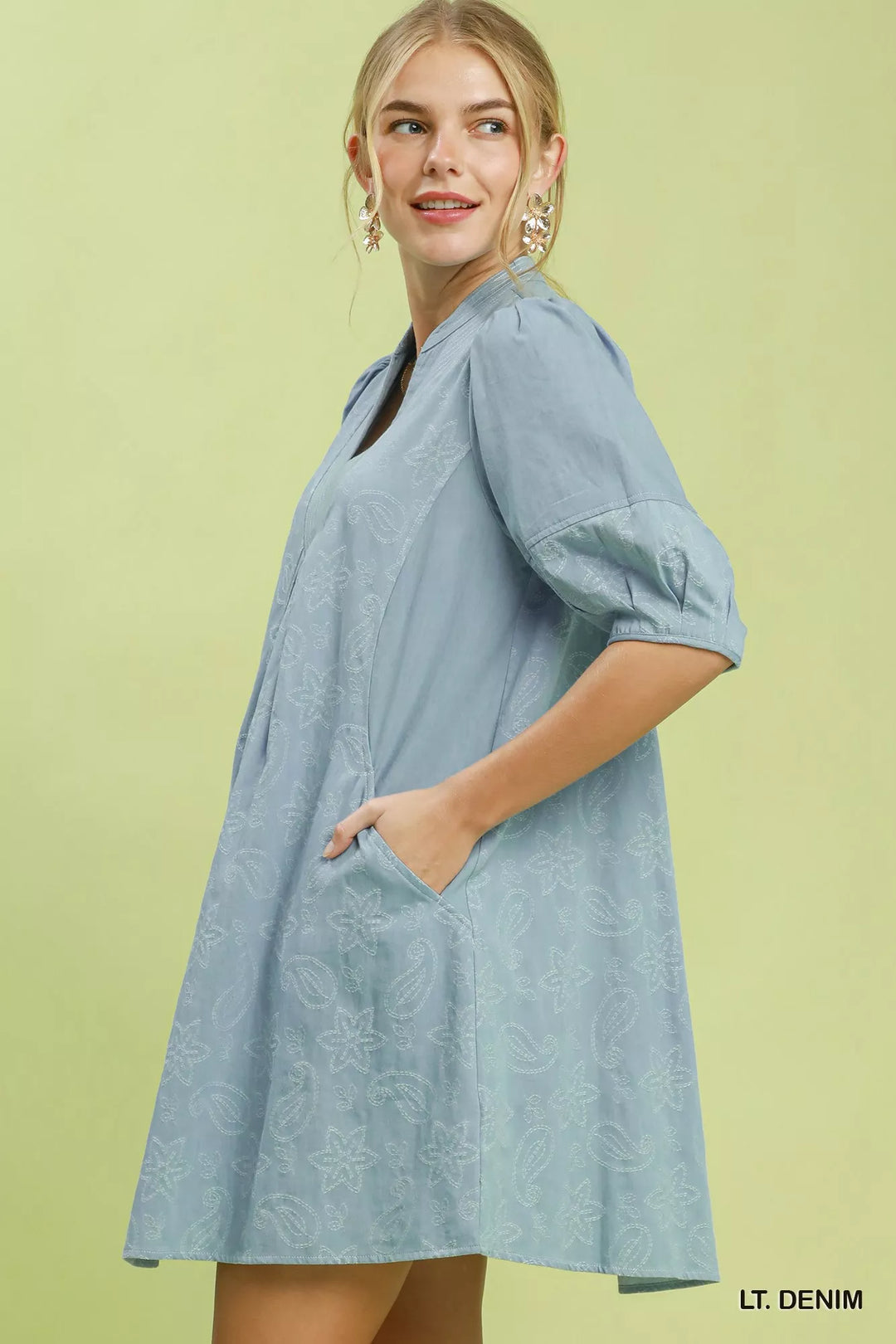 Floral contrast-stitch denim mini dress with pintuck V-neck