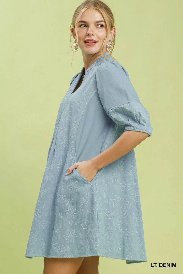 Floral contrast-stitch denim mini dress with pintuck V-neck