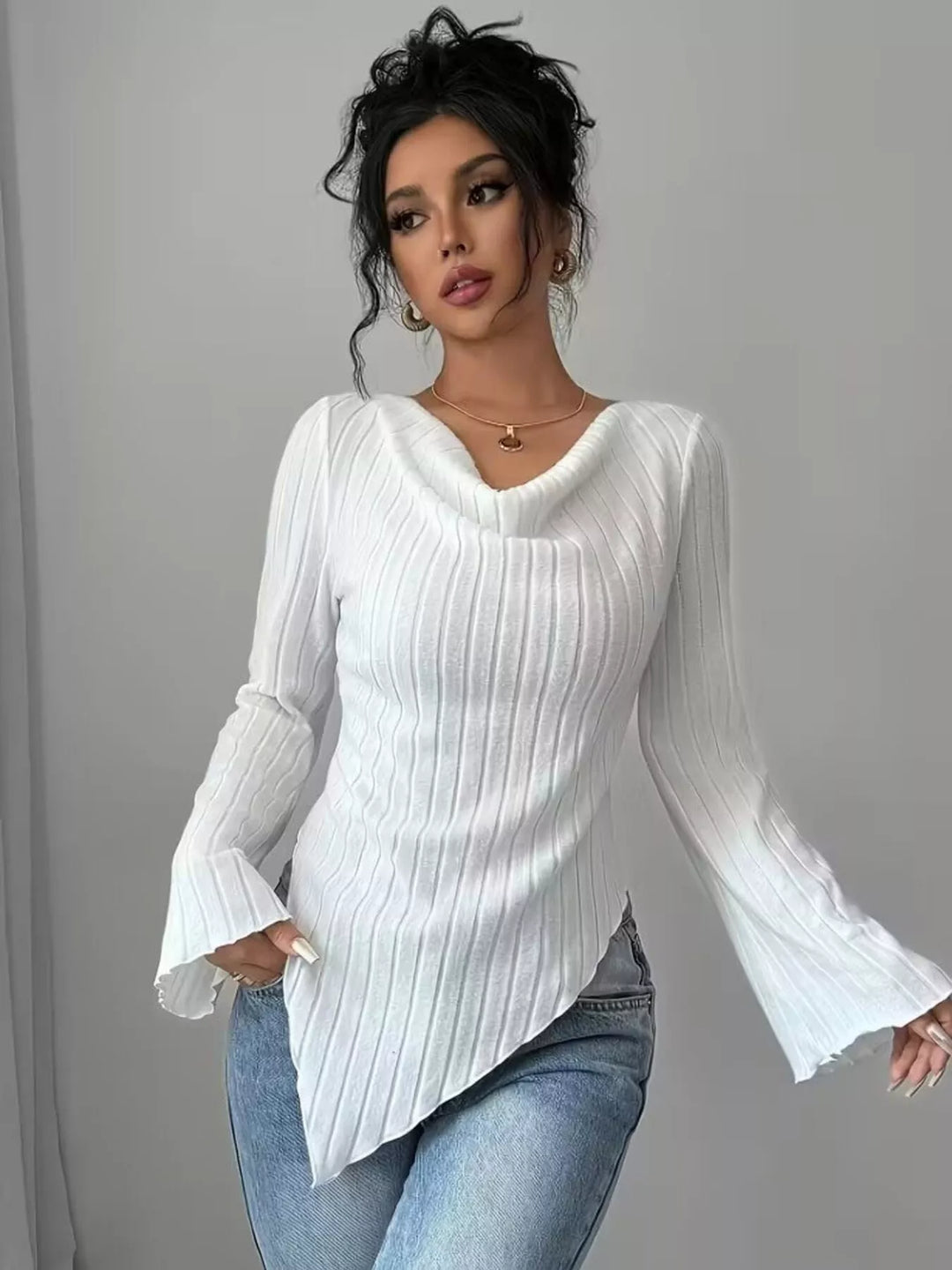 Ribbed knit cowl neck top with asymmetric hem and flared sleeves