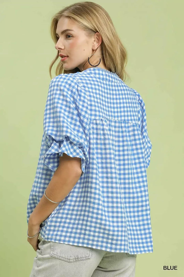 Gingham check V-neck blouse with ruffle puff sleeves