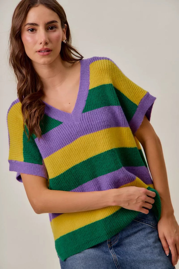 Ribbed striped V-neck short sleeve sweater top