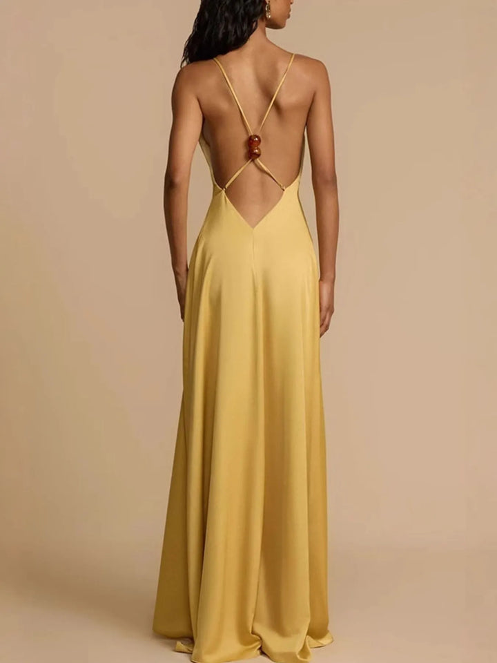 Backless deep V-neck satin maxi dress with crisscross back