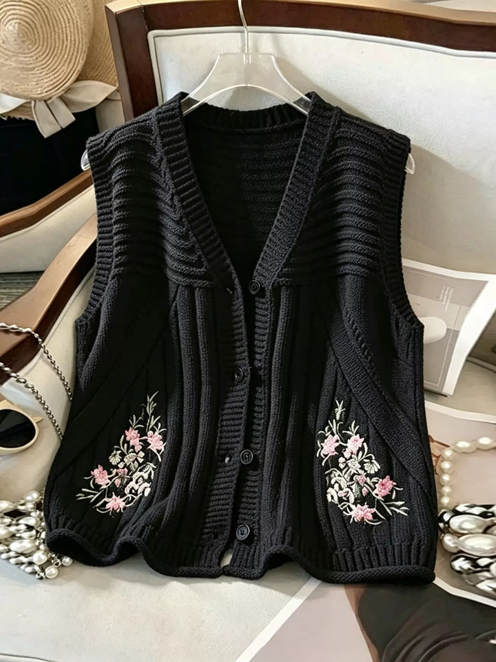 Floral embroidered knit sweater vest with button front