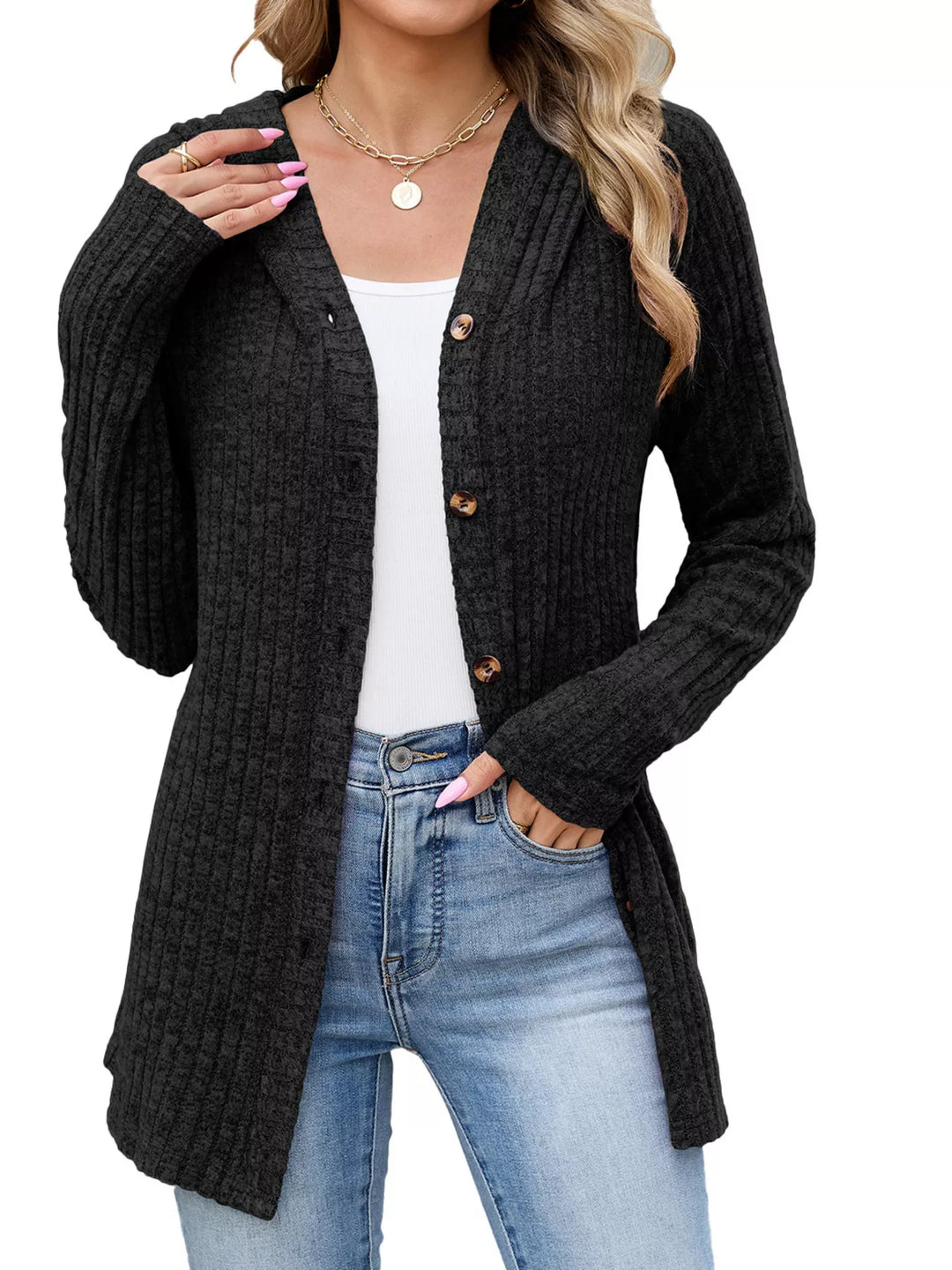 Black Ribbed knit hooded cardigan with tortoise buttons